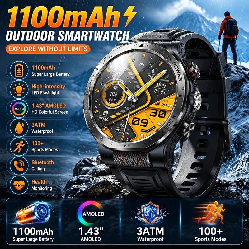 

2026New 1100mAh Battery SmartWatch Outdoor Compass 100+ Sport Modes 1.43 AMOLED 24/7 Health Monitoring Outdoor Smart Watch Men