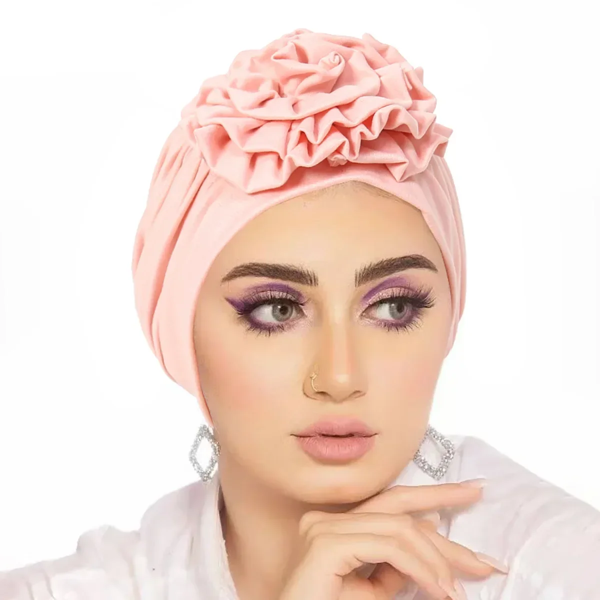 Trendy Crinkle Women\'s Hijab Solid Color Muslim Ladies Turban Bonnet Flower Decor Ramadan Head Wrap Head Scarf Indian Hat Mujer