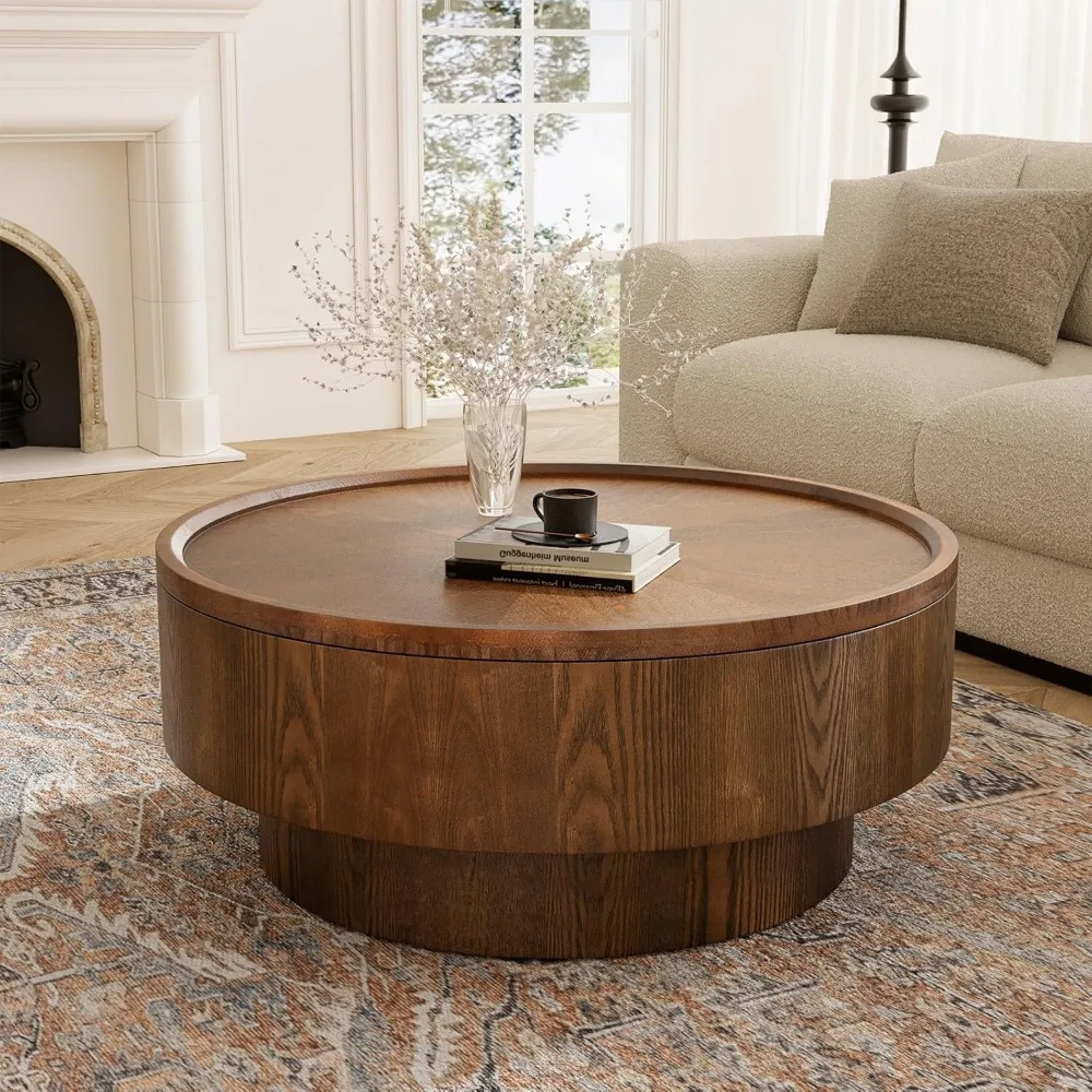 Modern 30.7" Circular Rustic Handcrafted Coffee Table with Storage and Removable Lid