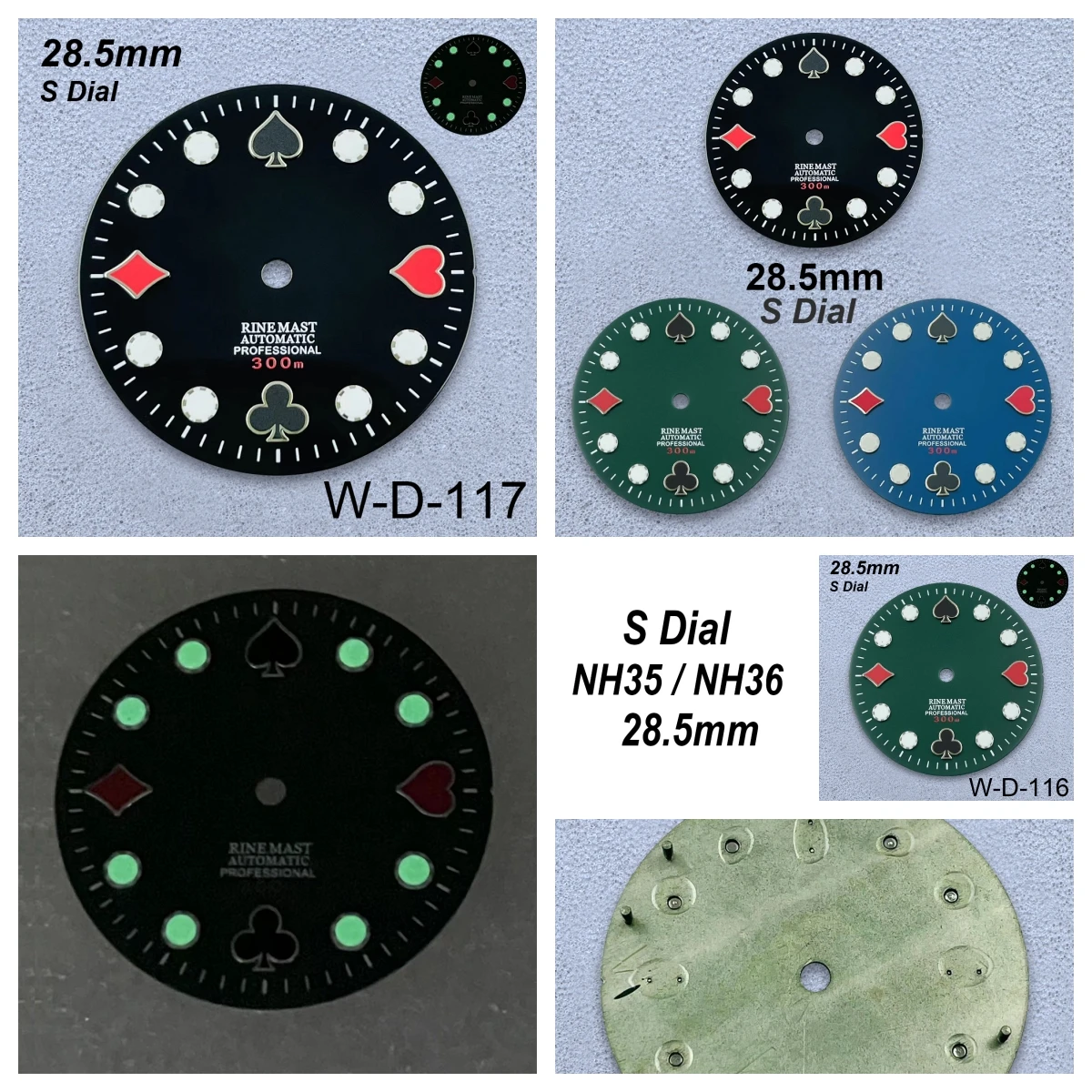 

28.5mm S Logo Poker Dial Fit NH35/NH36/4R Japanese Movement Green Luminous Diving High-Quality Watch Modified Accessories