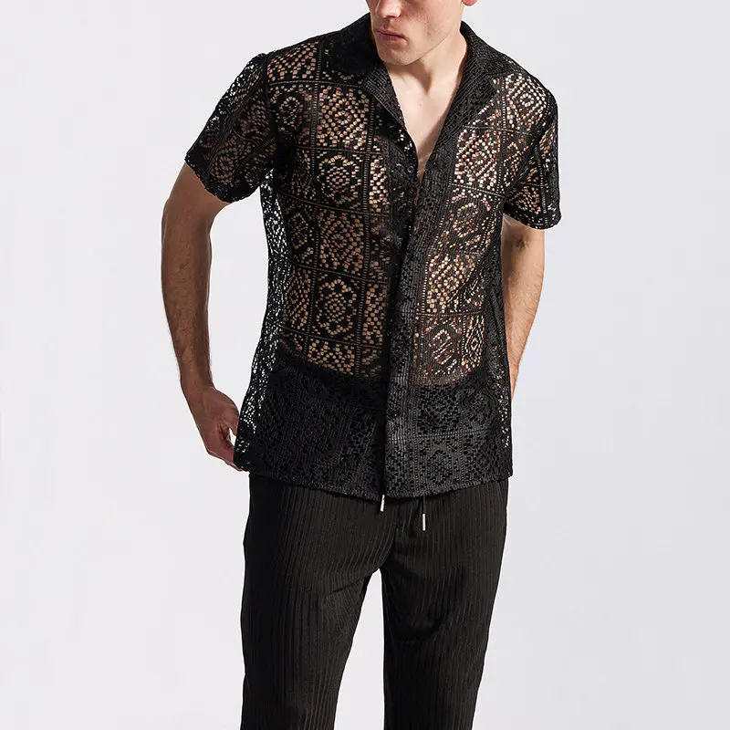 Disco King Shirt for Men: Sparkling Lace Short Sleeve with Lapel, 70s Retro Button Down Top for Nightclub & Stage Performance