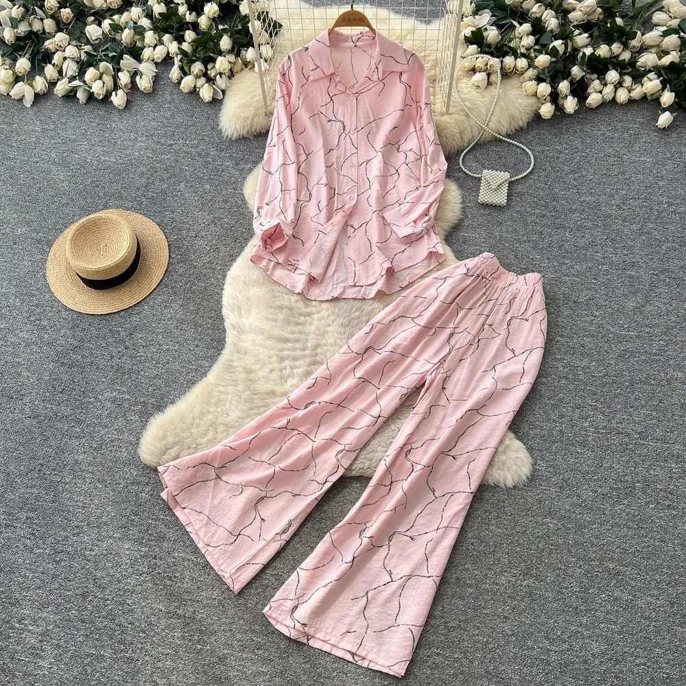 

Two Piece Sets Pant Set Women Turn Down Collar Full Sleeve Shirt Print Wide Leg Long Pants Elastic Waist Y2k Streetwear Casual