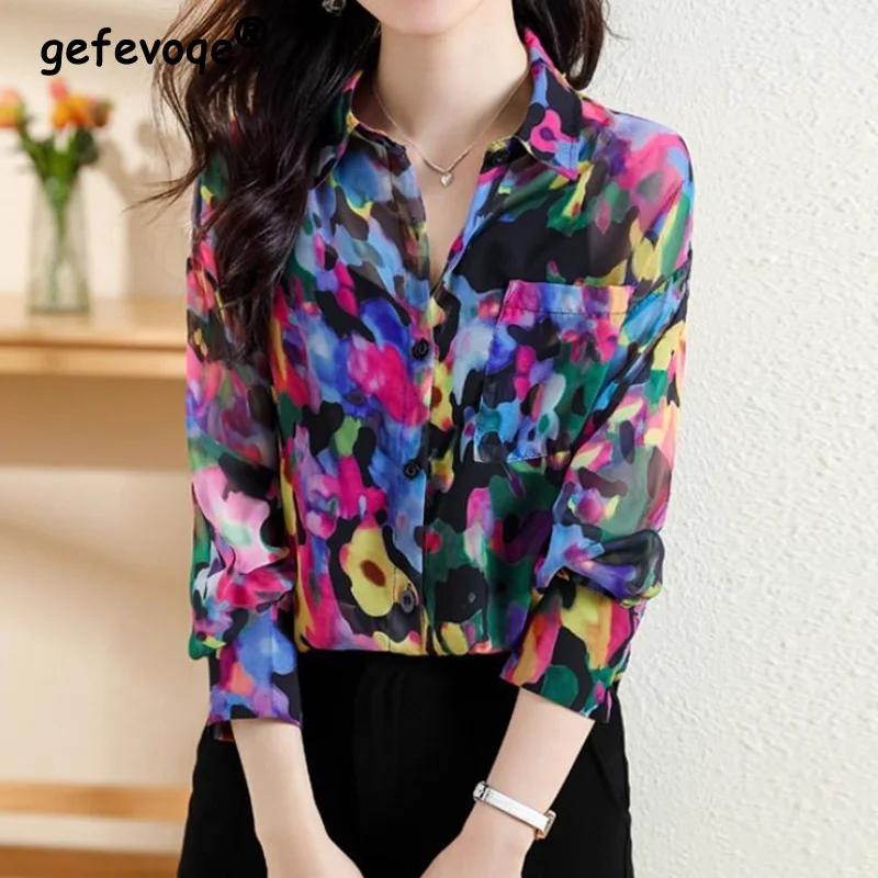 2023 Spring Summer New Colorful Printed Long Sleeve Shirt for Women Vintage Fashion Hong Kong Style Relaxed Pockets Chic Blouse