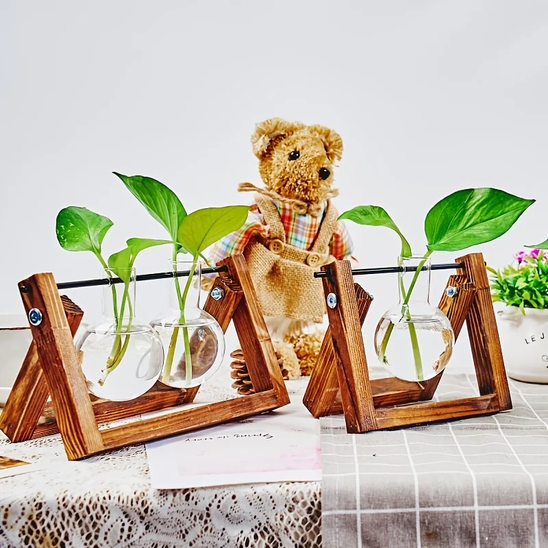 1pc, Tabletop Glass Planter Propagation Station Hydroponic Plant Vases In Wooden Rack Terrarium For Plants, Clear Flower Pot For