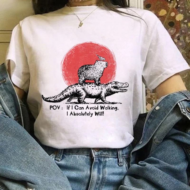 تي شيرت بسيط الكرتون المرأة المطبوعة قضاعة التمساح نمط أبيض قصير الأكمام س الرقبة تنوعا الملابس المطبوعة تي شيرت