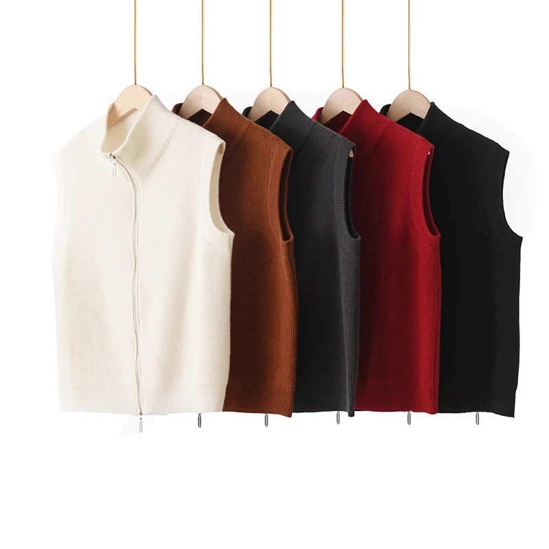 

Women Mock Neck Vest Autumn Winter Sweater Cardigan Waistcoat 100% Merino Wool Knit Sleeveless Warm Coat Layering Office Clothes