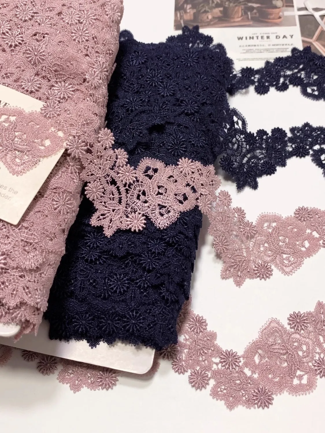 15Yards 5cm Width Shiny Pink Navy Blue Hollow Flower Venise Diy Venice Lace Clothing Accessories Of Various Garment,Bra.Skirt