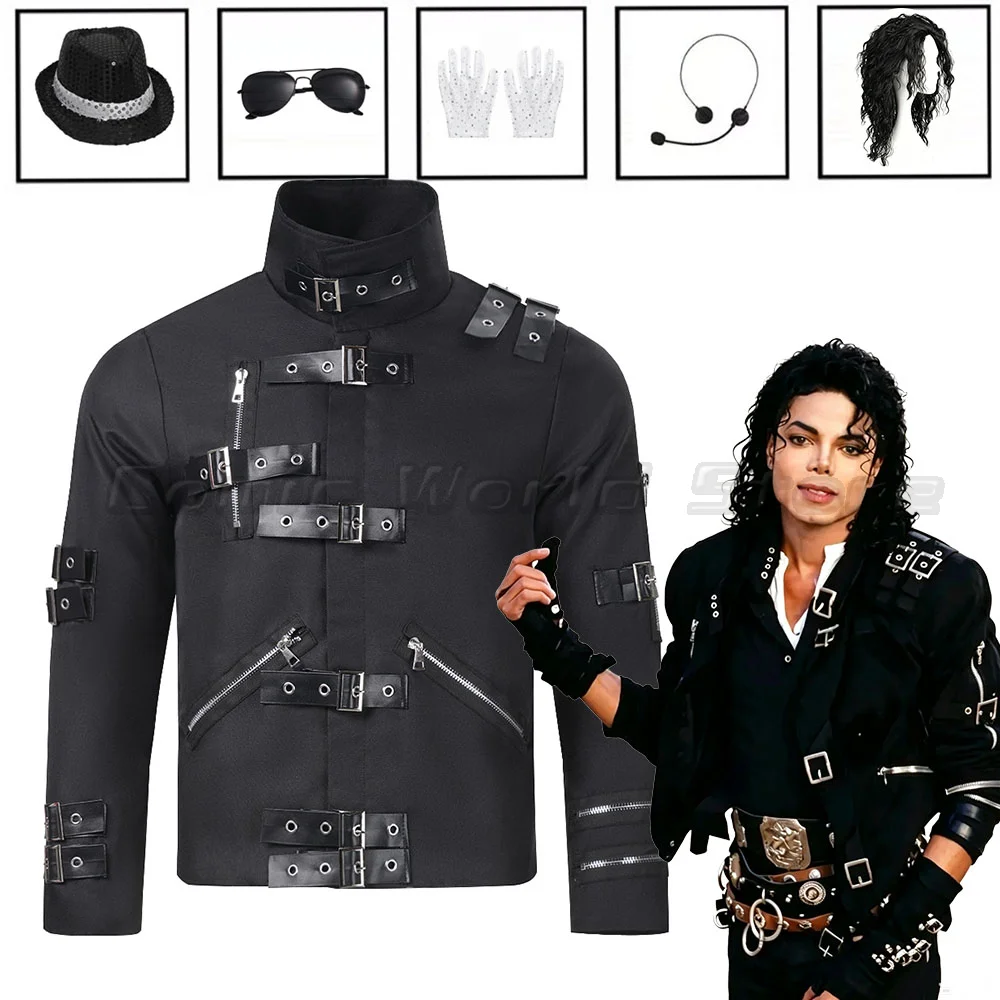 Michael Jackson cosplay Costume BAD Punk Jacket Black Slim BAD Jacket Costume Clothing hat set for Man Adore Stars Impersonator
