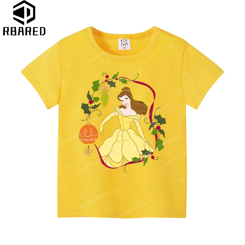 Disney Belle Princess 2024 Summer New Girls' Tshirt Suitable for Baby Clothing Comfortable 100% Pure Cotton Children's Clothing