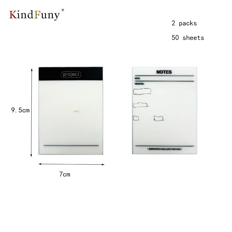 KindFuny Impermeável Sticky Note Pads, Blocos Transparentes, Material de Escritório, Papelaria Escolar, 50 Folhas