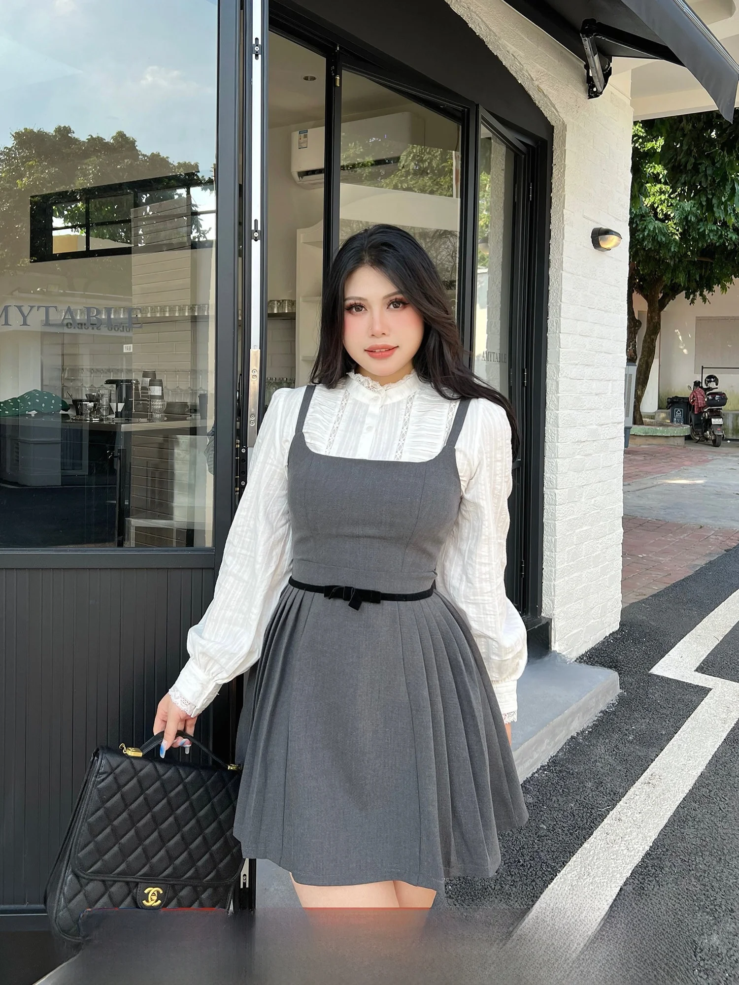 

SOUL Holiday Love Song plus Size Set Women's Autumn Sweet School Sle White irt Pleated Overalls Two Piece Set