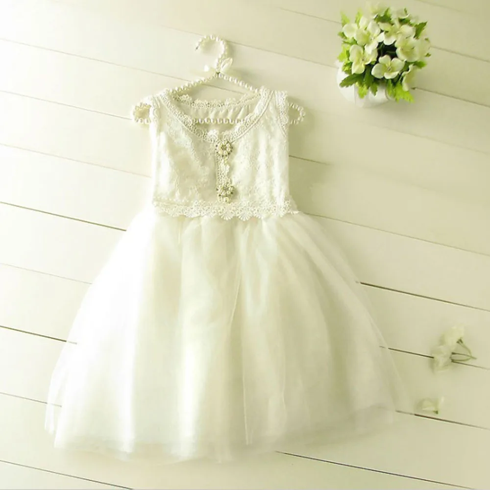 Vintage Lace Girl Princess Dresses Pearl Bow Casual Sleeveless Birthday Baby Kids Clothes 2 to 6 Years