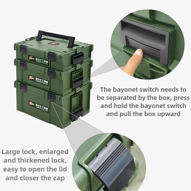 Set Kotak Perkakas Bertumpuk, Kotak Penyimpanan Perkakas Tebal, Portabel, untuk Perkakas Listrik dan Pertukangan, dengan Roda Dorong