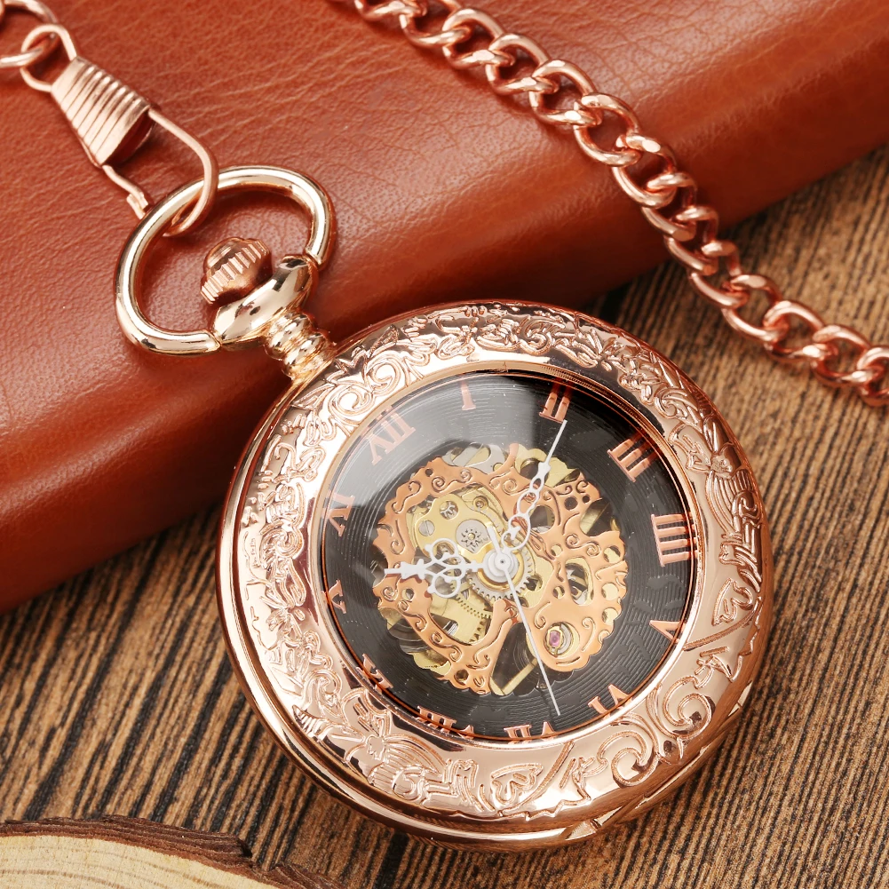 

Rose Gold Mechanical Hand Winding Pocket Watch Fob Chain Pocket Clock Antique Style Timepiece Gift for Men Roman Numerals Dial