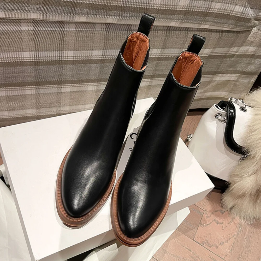 2024 Genuine Leather Women Chelsea Boots Chunky Heel Short Boots Slip On Elastic Woman Ankle Boots 2024 Autumn New Ladies Shoes