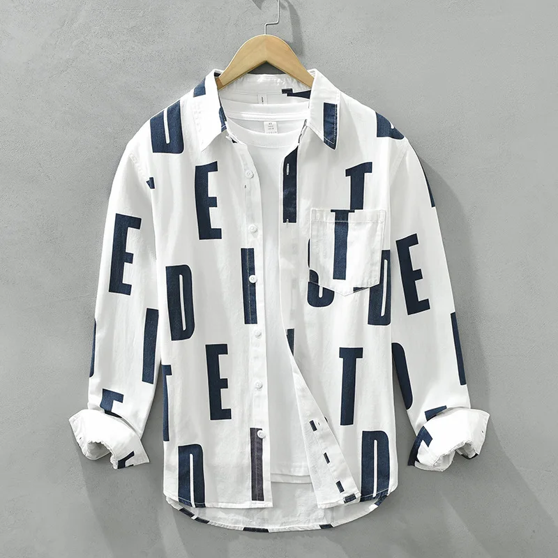 

Letter Printing Trend Long Sleeve Shirt Men's Spring New Japanese Retro Design Casual Shirt Pure Cotton Shirt