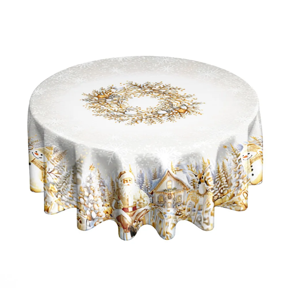 2D flat print round table cloth, Santa Claus, snowman, elk, snowflake wreath, warm gold color scheme,