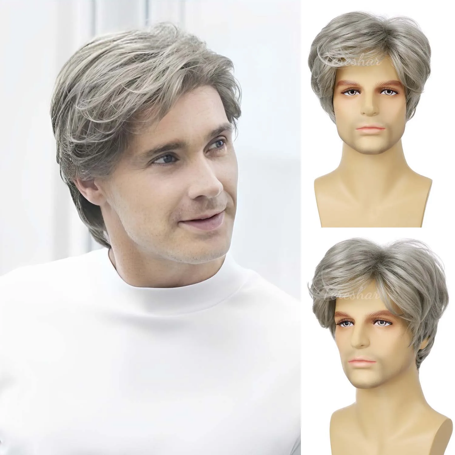 Synthetic Mens Short  Silver Grey Pixie Cut Wig Layered Costume Halloween Wig Heat Resistant Hair Replacement Wigs for Male Guys