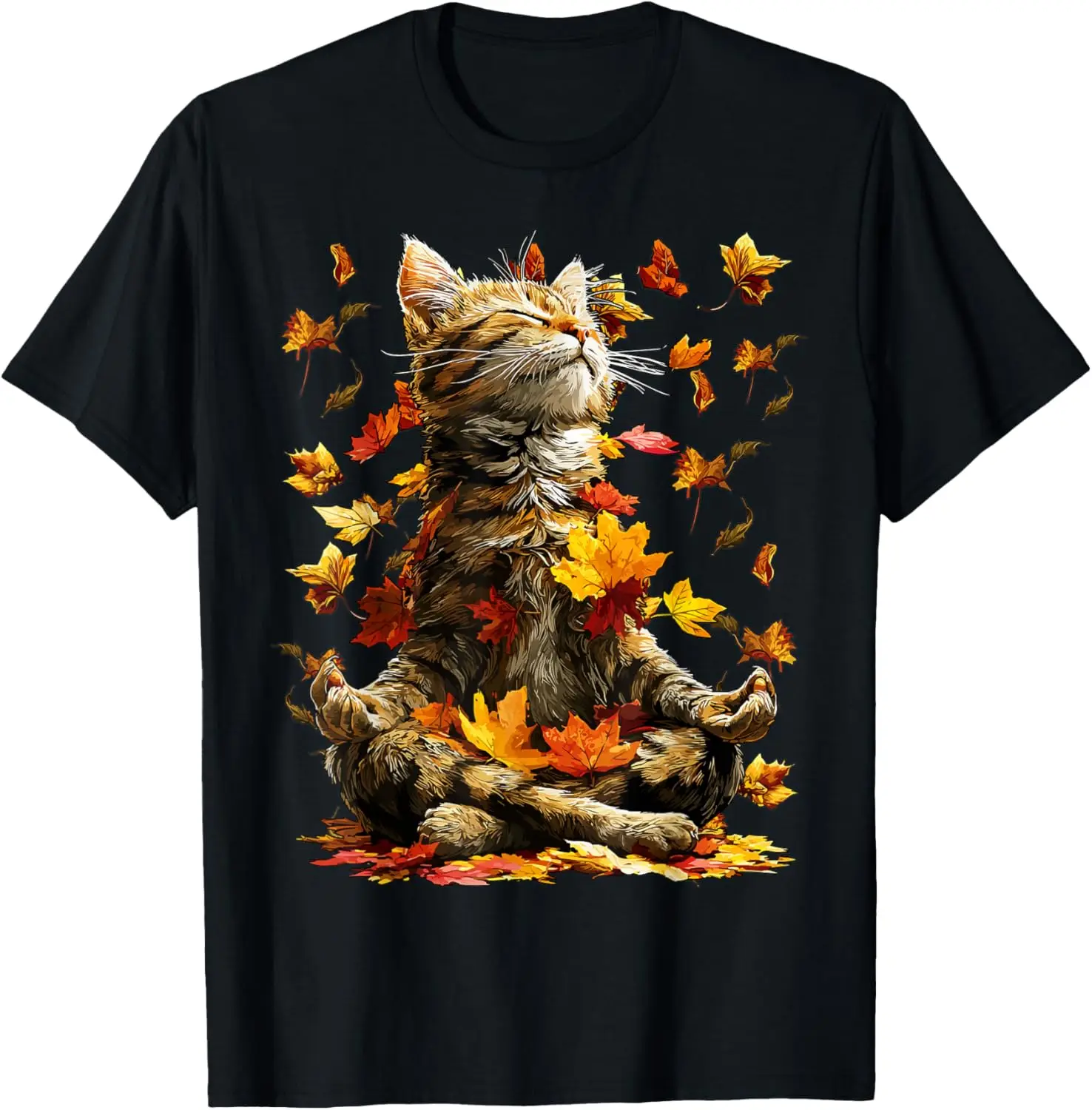 

Meditating Cat Autumn Leaves Fall Yoga Graphic Tee Casual Cotton Short Sleeve T-Shirt