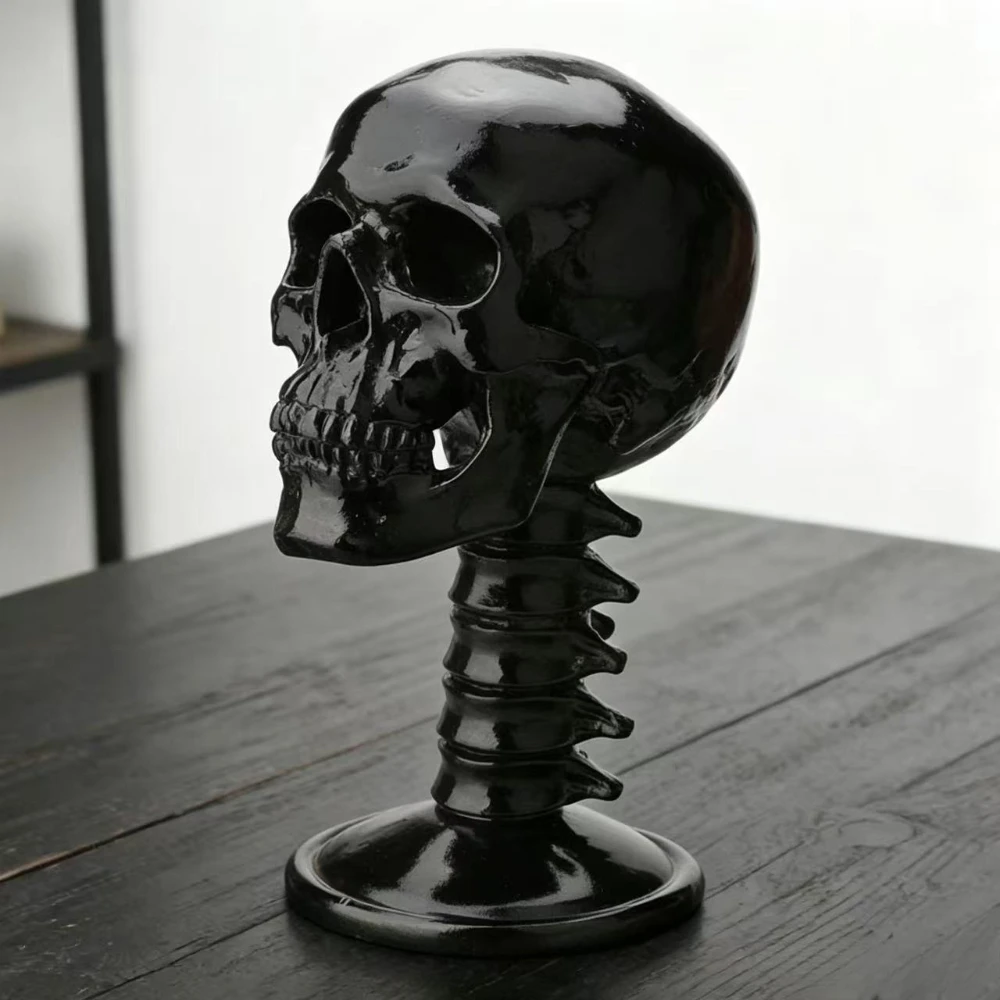 Gothic Black Resin Skull Head with Spine Eyeglass Holder Hat Holder Jewelry Rack Desktop Ornament Halloween Decor Gift
