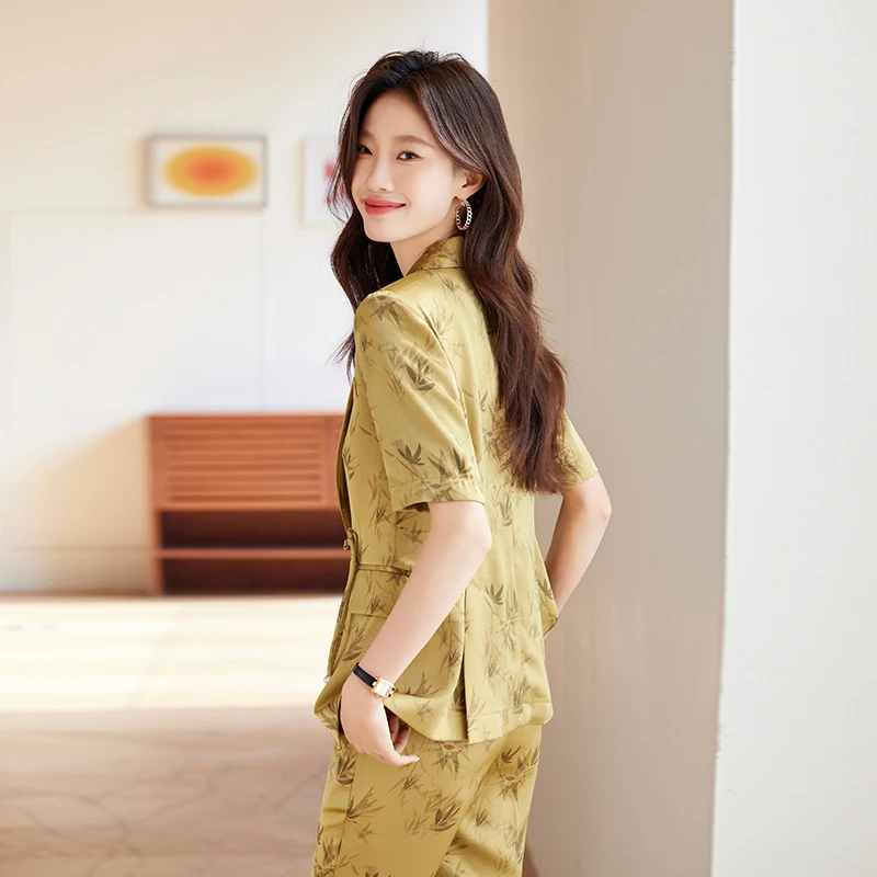 AIyssa Pink fashionable business ladies' clothing, bamboo leaf pattern suit, two-piece pants + blazer, soft and comfortable,