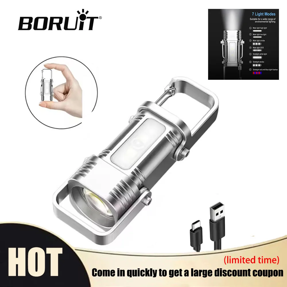 

BORUiT Mini LED Keychain Flashlight Type-C Rechargeable Waterproof Portable Torch Pocket Lamp for Outdoor Hiking Camping Use