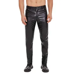 Calça reta de couro brilhante masculina, zíper sexy, cintura aberta, macia, fosca, calça casual, elástico alto masculino, leggings shaping