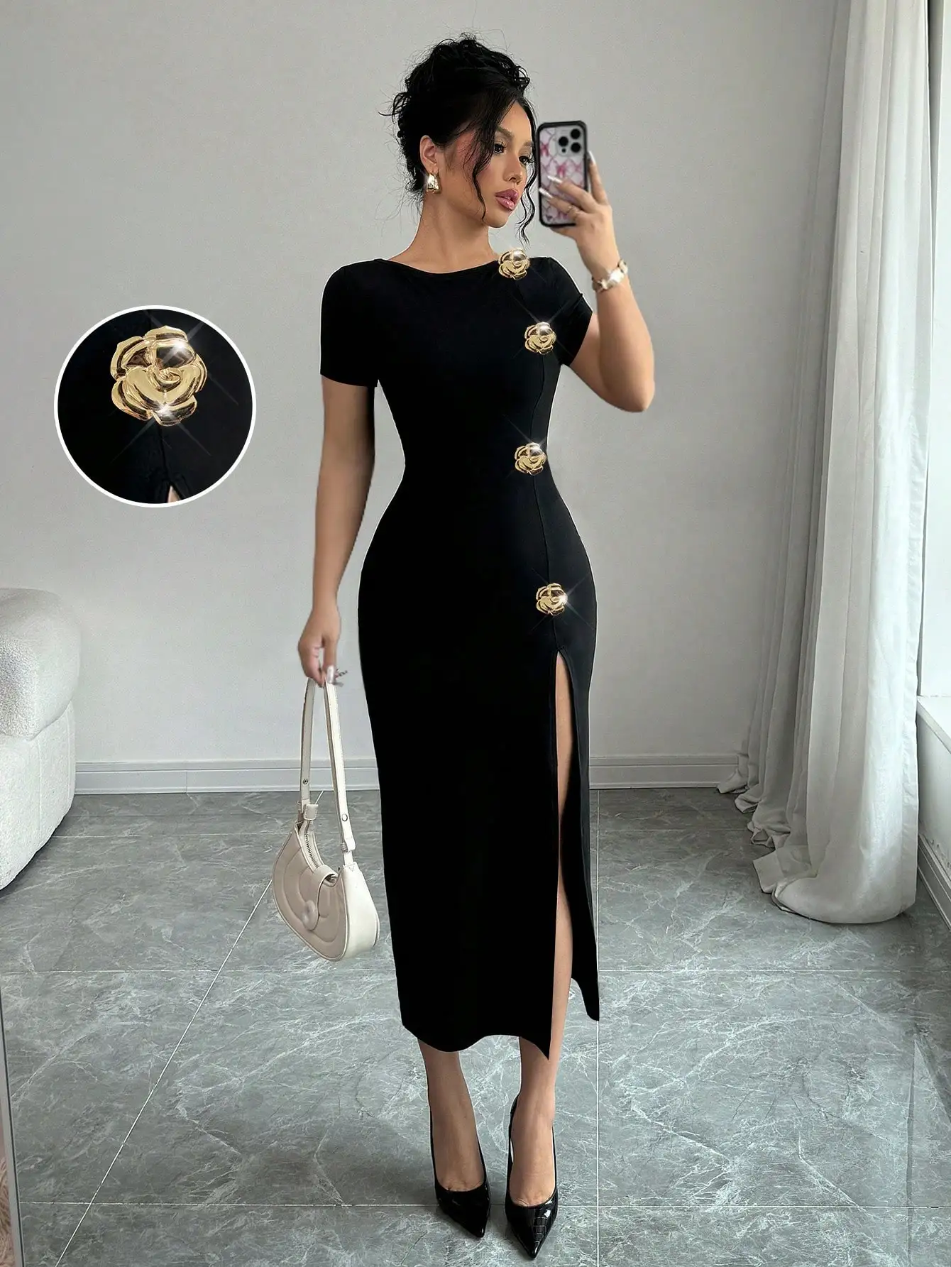

Black Bodycon Midi Dress with Gold Floral Embellishments and Side Slit