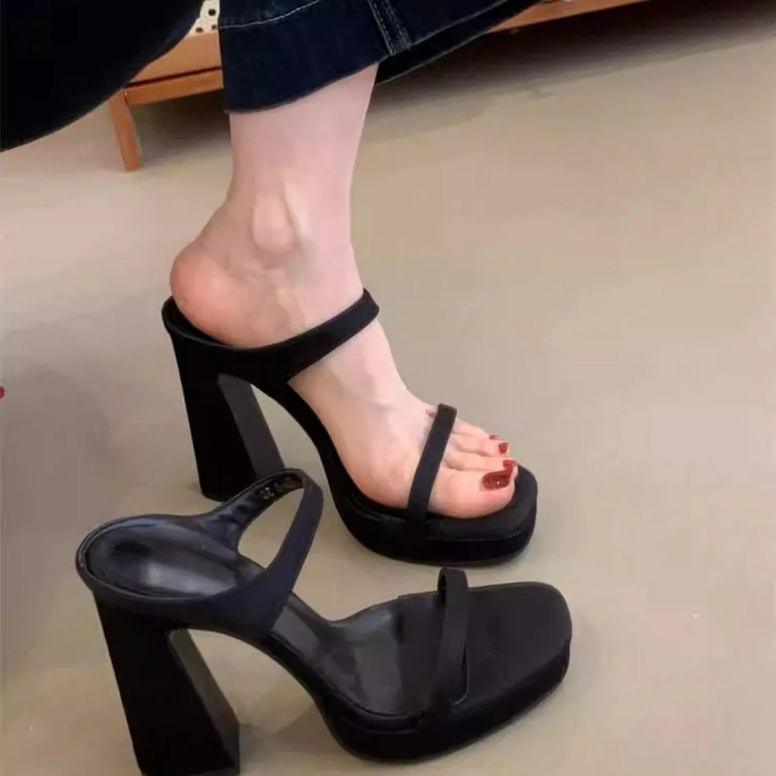 Fashionable Versatile Chunky Heel Sandals Commute Friendly Open Toe Square Head High Heels Summer Breathable Slip-On Shoes
