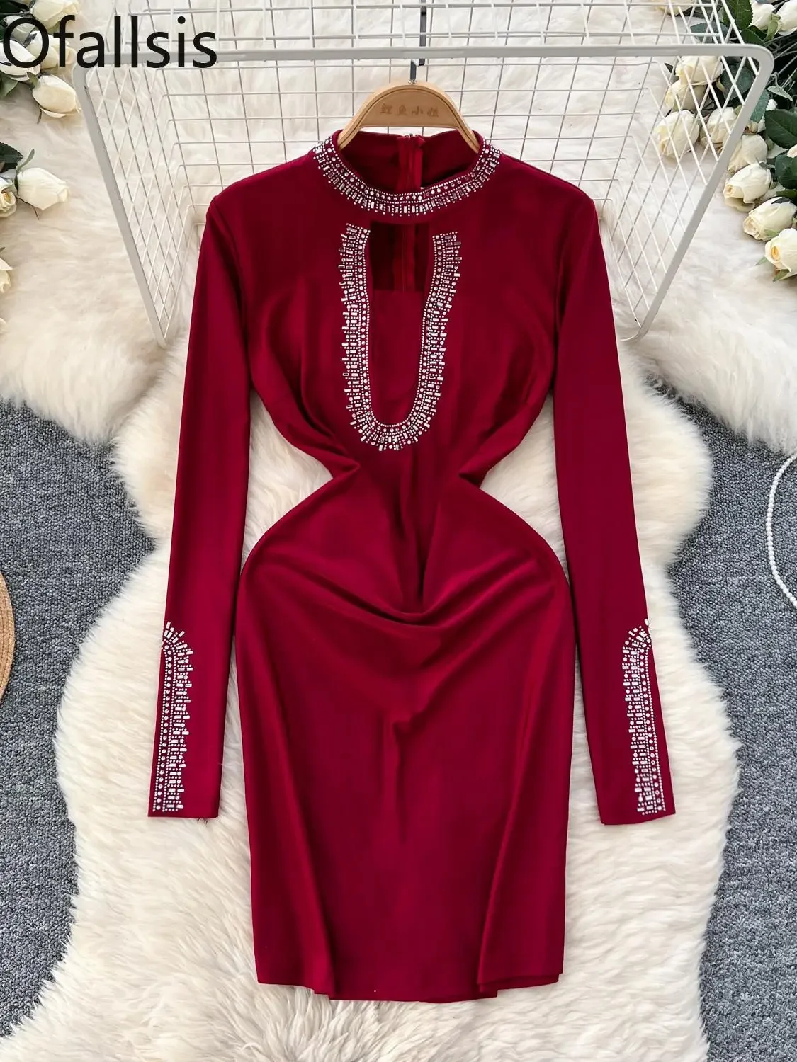 Ofallsis American Socialite Sexy Hollow Out Hot Diamond O neck Long Sleeved Dress 2024 Winter New Tight Fitting Slimming Dresses