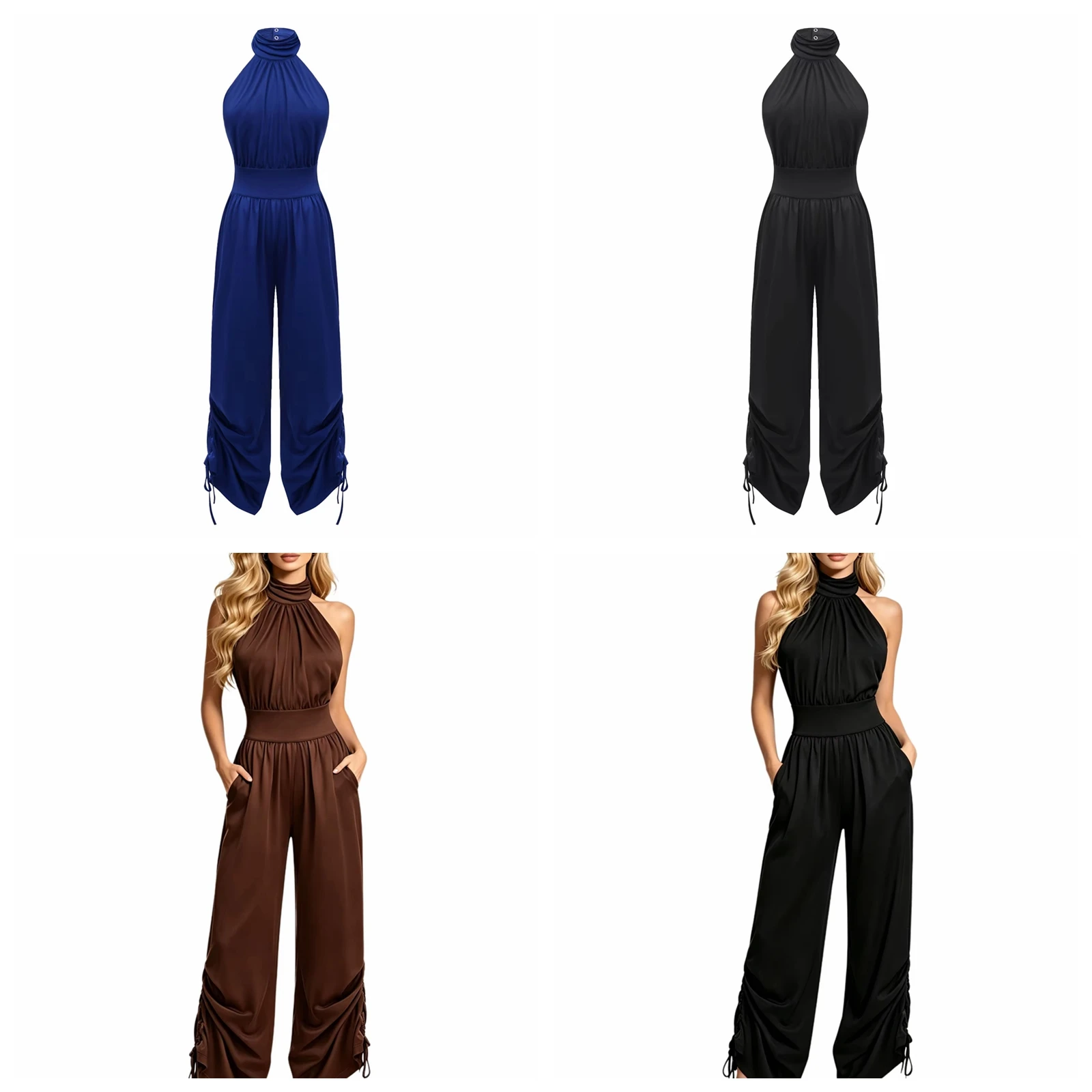 Women Sleeveless Jumpsuits Backless Drawstring Wide-leg Jumpsuit Halter Rompers Long Pant for Party Beach Holiday Summer Outfit
