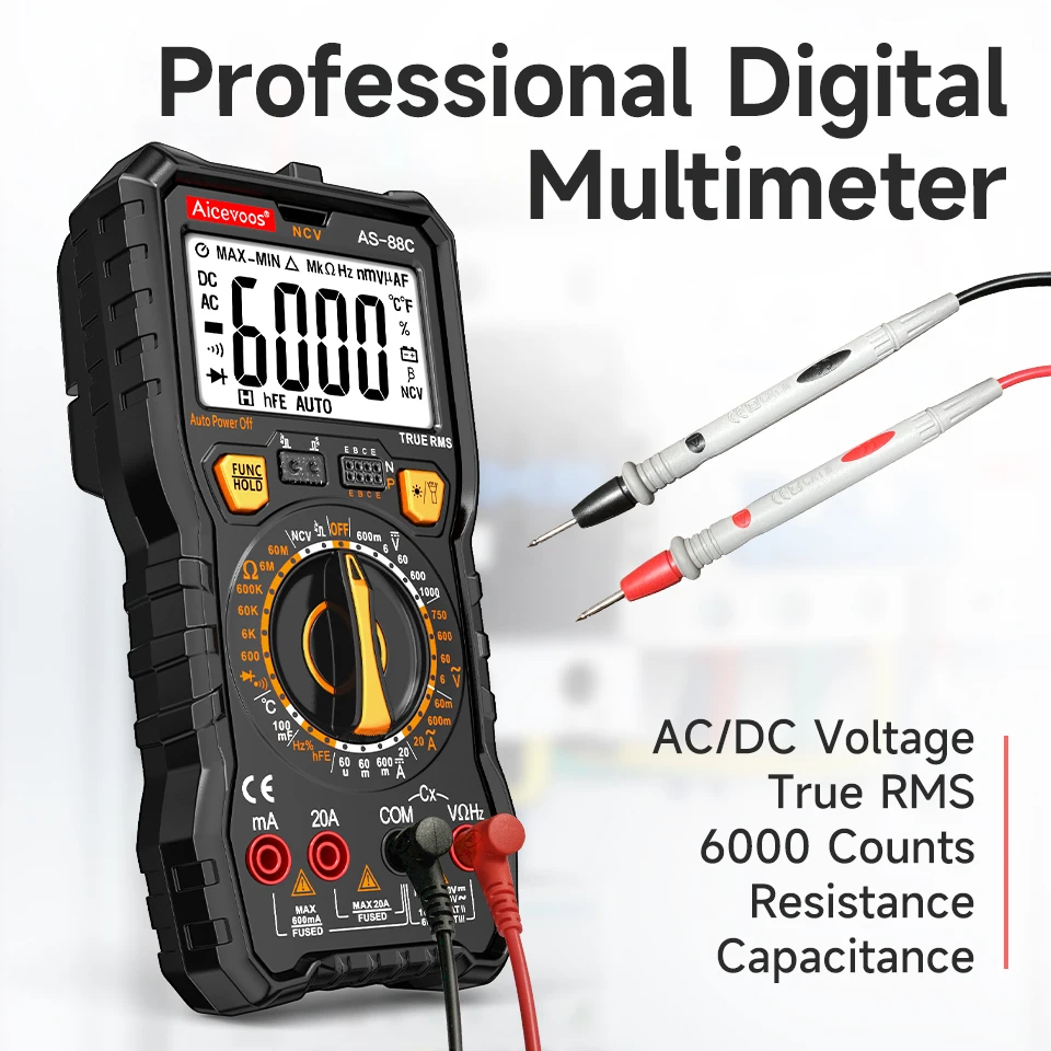 

Aicevoos Digital Professional Multimeter,6000 Counts,TRMS,Auto Range,DC/AC Voltage Tester,Ohm Meter,Electrical Multimetro NCV