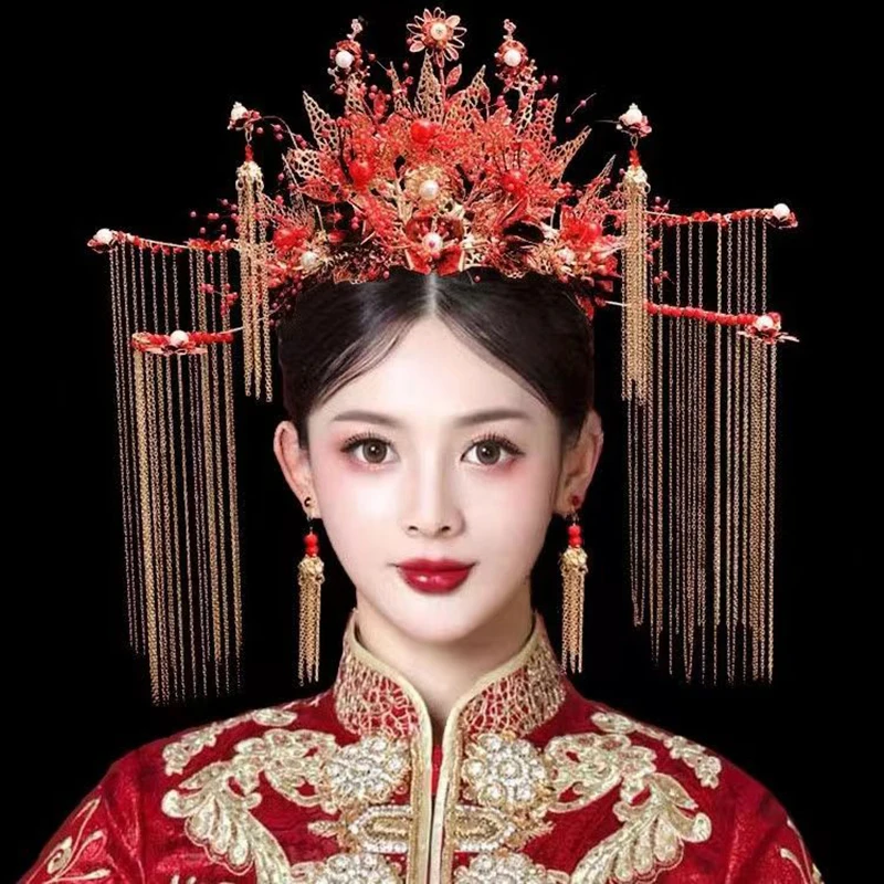 Vinatage Chinese Hair Crown Traditional Head Accessories  Xiuhe Ancient Costume Hanfu Headdress Set