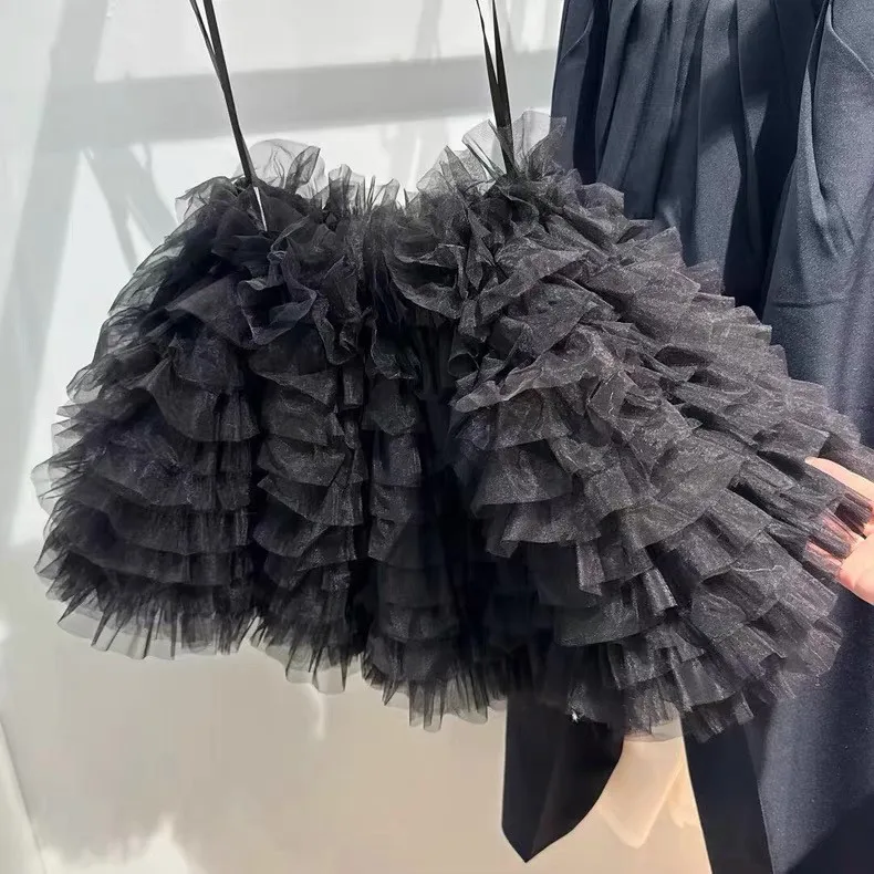 2026 Japanese Summer New Sweet Fairy Lolita Mesh Fluffy Short Skirt Layered Black and White Versatile Girls' Pleated Skirts
