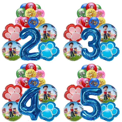 15pcs 만화 호일 풍선 번호 풍선 발 순찰 테마 어린이 생일 파티 장식 아기 선물 파티 체이스 스카이 풍선