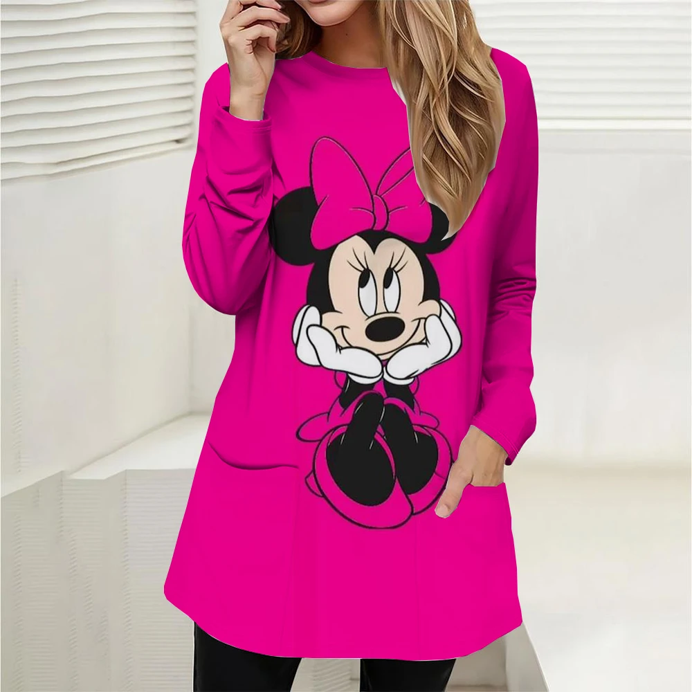 Women's T-shirt Disney Mickey Mouse printed long sleeved top for autumn daily loose long sleeved pocket pullover for women's com