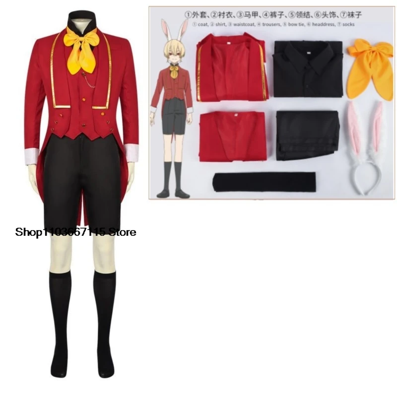 

Cosplay Bye-Bye Earth Adenis Cosplay Costume Red Tuxedo Suit for Man Boys Bunny Ears Vest Short Socks for Party Halloween Xmas