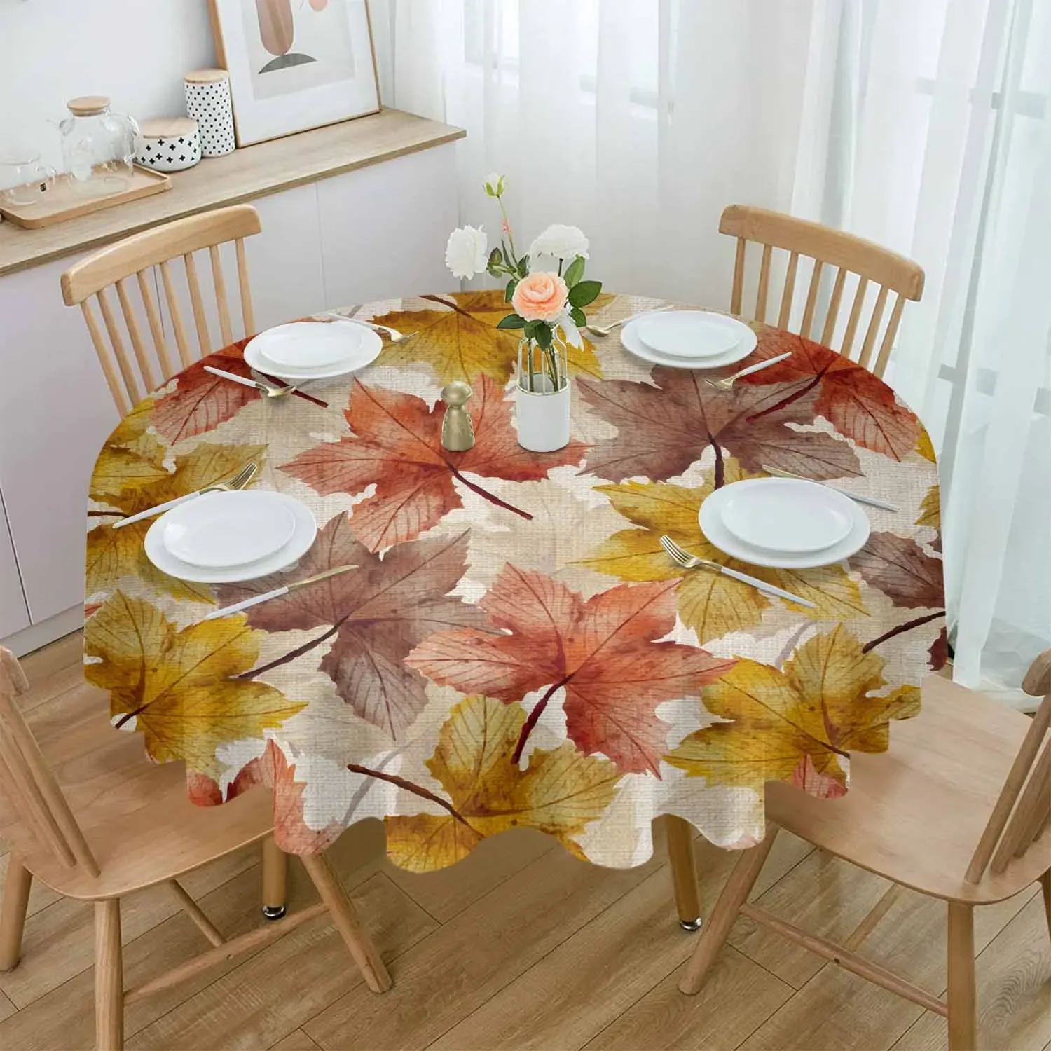 Autumn Plant Maple Leaves Waterproof Tablecloth Tea Table Decoration Round Table Cover For Kitchen Wedding Home