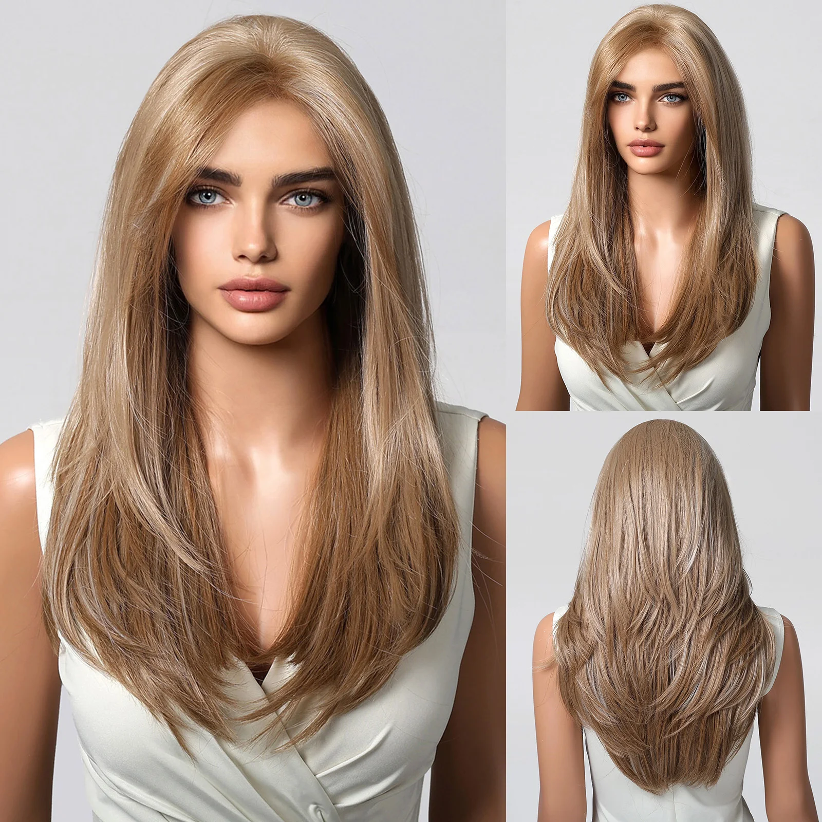 

HENRY MARGU Light Brown To Blonde Highlight Wig for Women Pre-Braided Lace Frontal Synthetic Wig Silky Straight Wigs 13x6 Lace