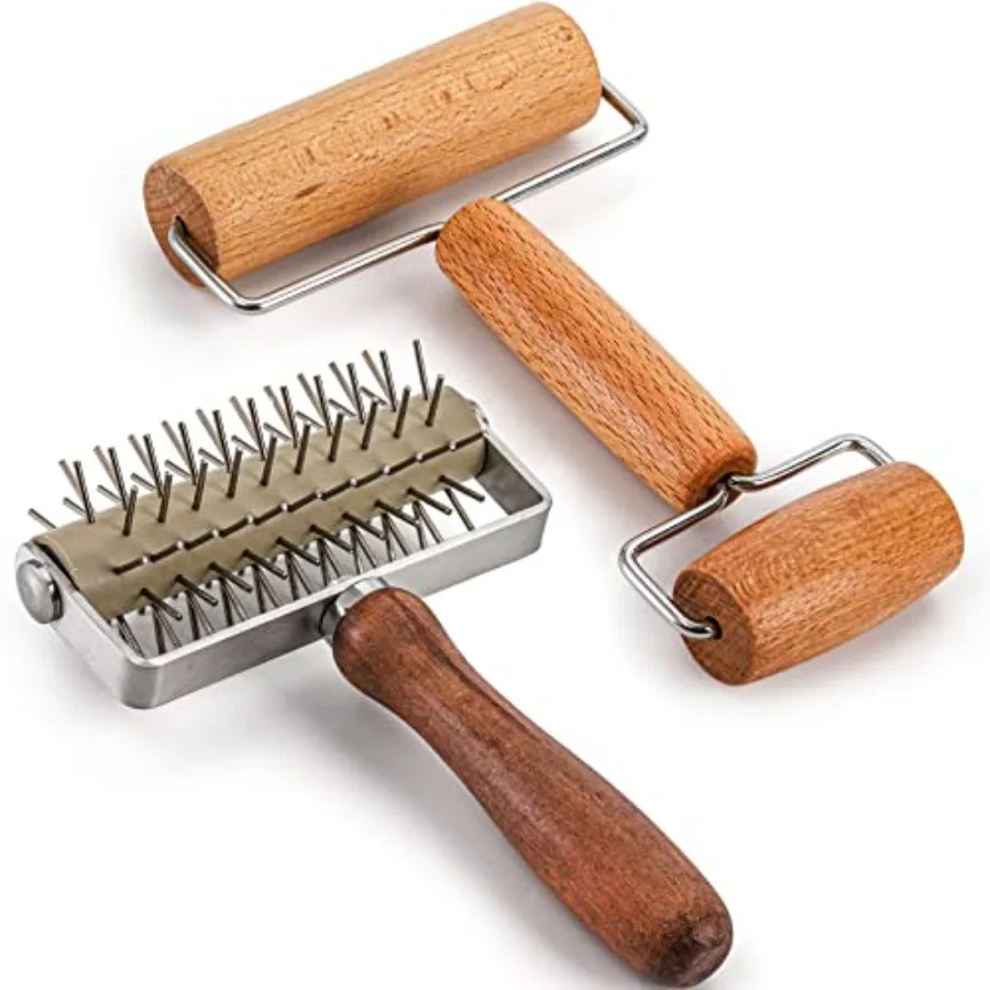 

Set of 2 Stainless Steel Pizza Dough Roller and Dough Docker with Wooden Rolling Pin for Perfectly Even Pizza Cookie Pie Pastry