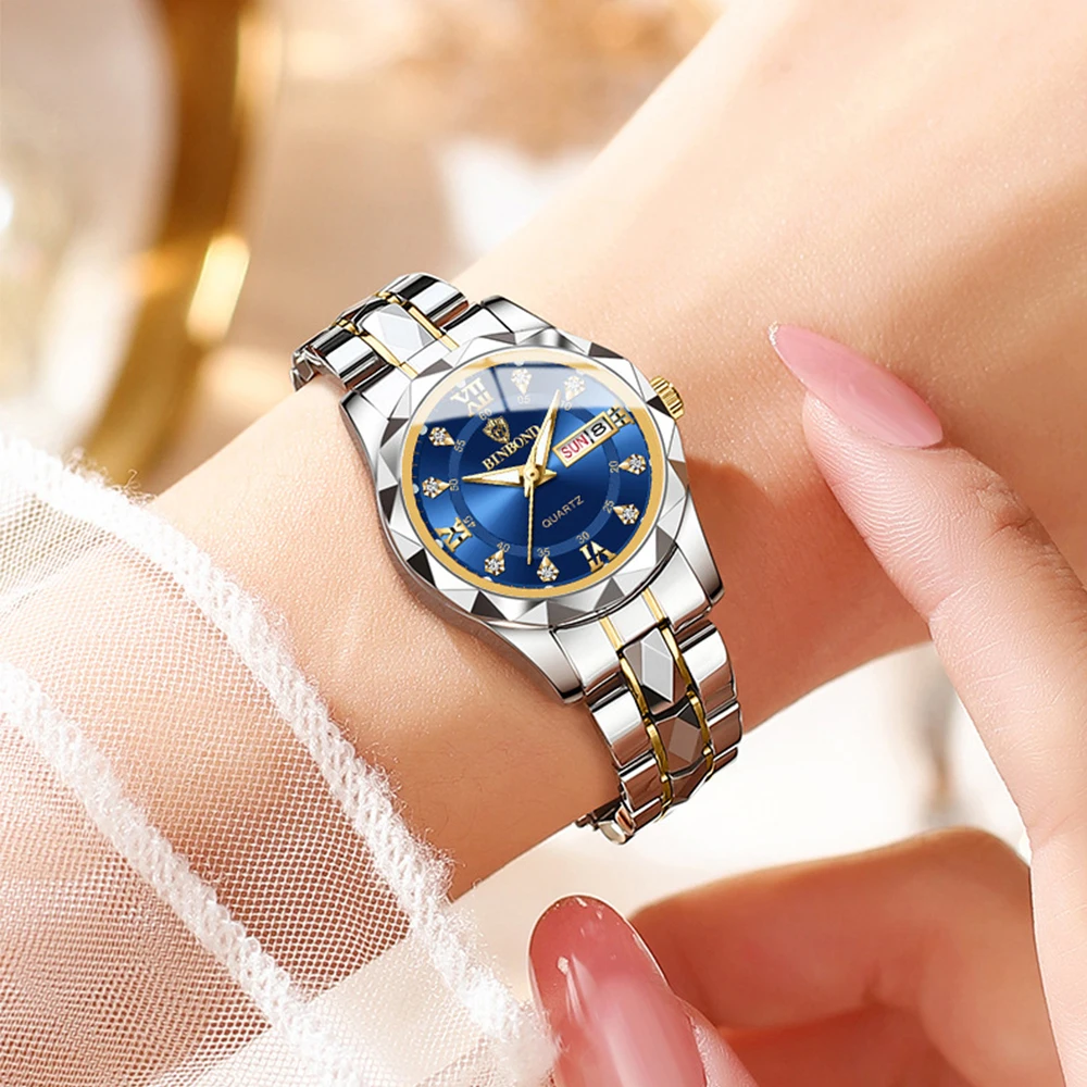 BINBOND Women\'s Watches Elegant Casual Original Quartz Watch for Ladies Waterproof Luminous Date Week Fashion Diamond Scale New