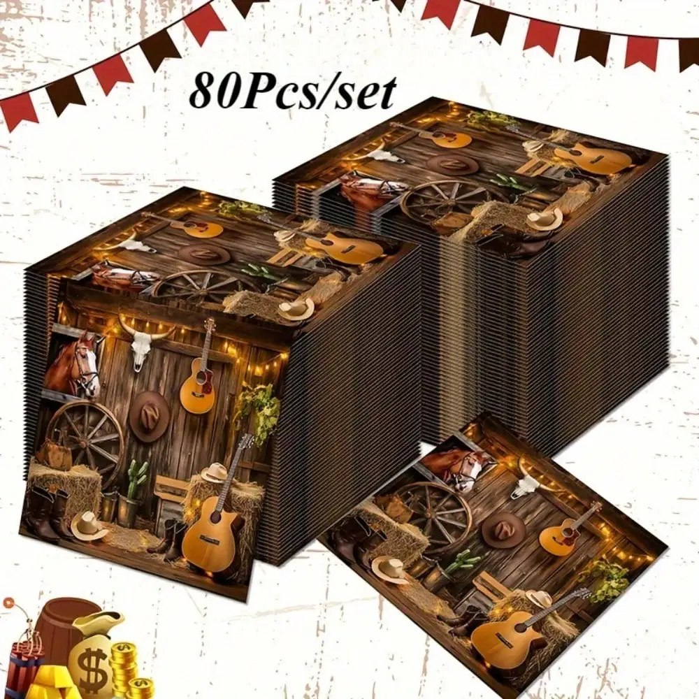 80 unids/set servilletas de papel desechables con temática de vaquero occidental, 2 capas, cubiertos para fiestas y vacaciones, pañuelos desechables para fiestas