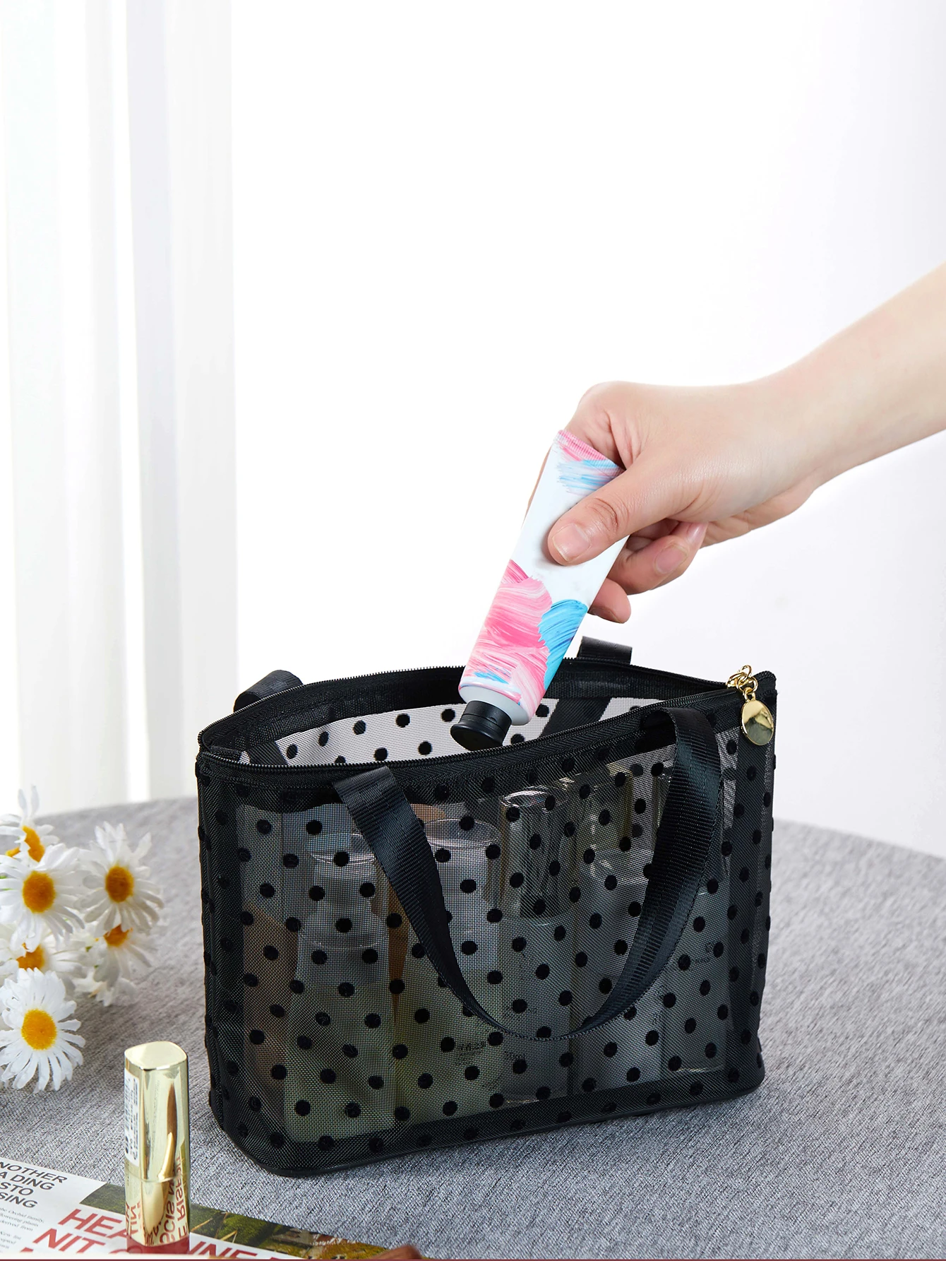 Large Black mesh Dot spattern Portable Tote Makeup Bag  Beach Bag Travel Makeup Bag Toiletry Bag Cosmetic Bag makeup bag organiz