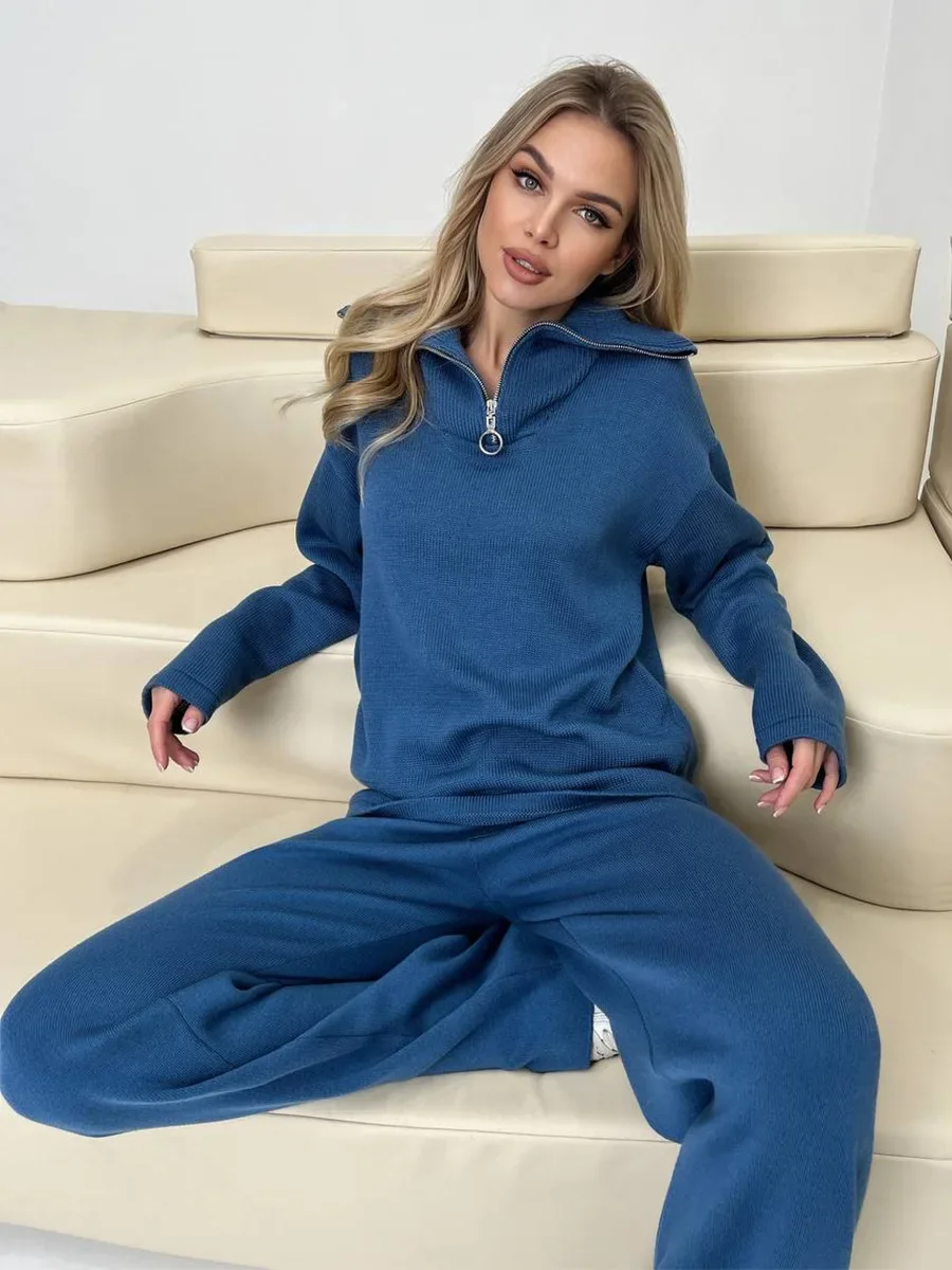 

Осень-зима, новый женский вязаный комплект для отдыха, широкие брюки с воротником-молнией и длинными рукавами
