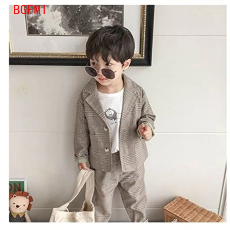 Spring Autumn children\'s clothing Suit Kids Clothes Boys V-Neck Tops + pants 2 piece set Plaid Formal wear 2-10Y Thin Outerwear