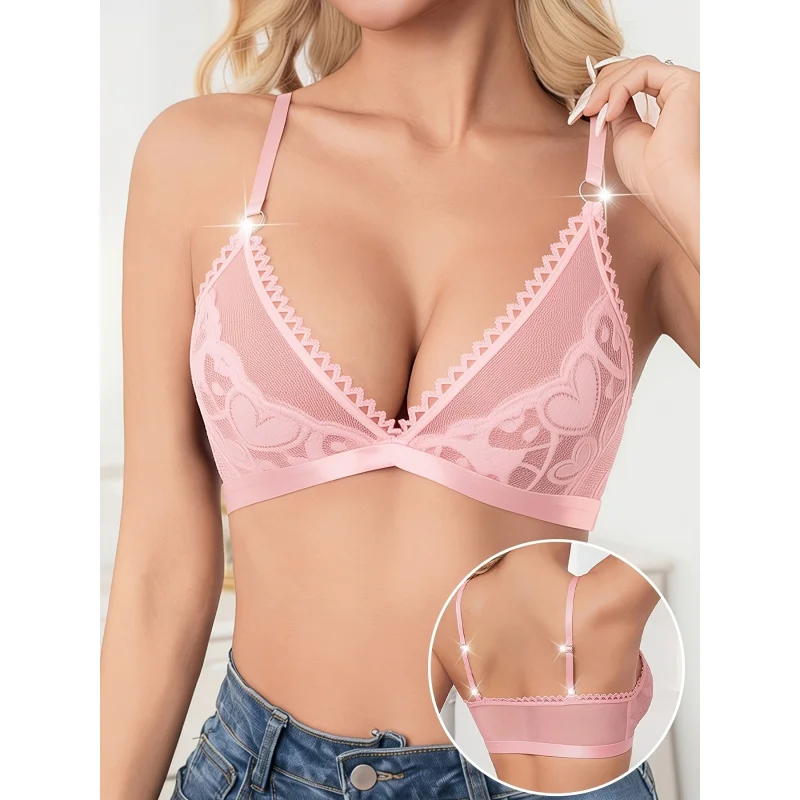 New Women'S Everyday Bra Featuring Stylish And Heart-Shaped Lace Panels with Circular Rings, Exuding Mature Charm