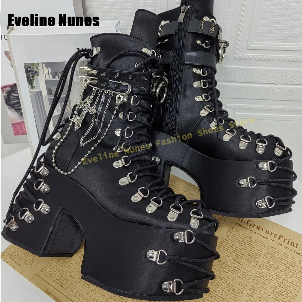 Women's Black Spiked Chain Platform Ankle Boots Gothic Y2K Chunky Heel Lace Up Boots for Rave Festival Streetwear 2026 New Style