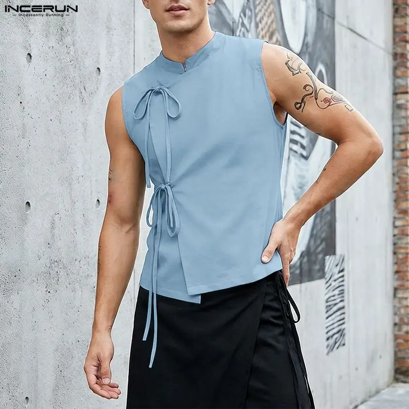 INCERUN Men's Tank Tops Solid Color Stand Collar Sleeveless Lace Up Male Vests Summer Streetwear Stylish Casual Men Clothes Tops