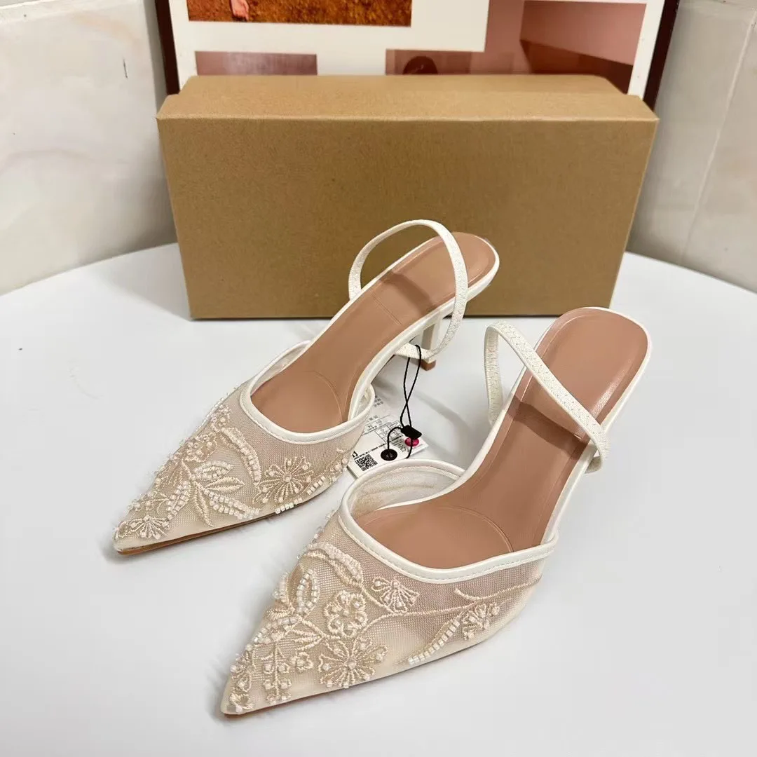 TRAF Retro Embroidery Mesh Stiletto Pumps New French Style Thin Heel Slingbacks For Woman Summer Point Head Sandal Women's Shoes