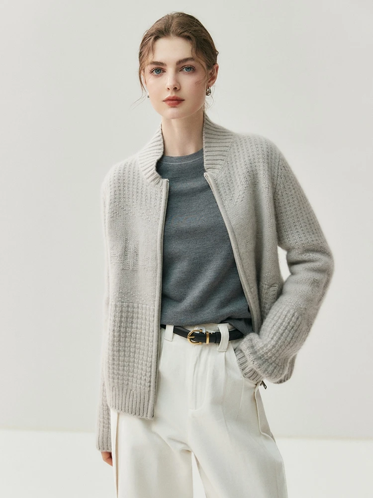 

Осень-зима, 100% кашемировый кардиган, свитер, воротник-стойка, карман на молнии, свободная универсальная женская вязаная куртка, элитная